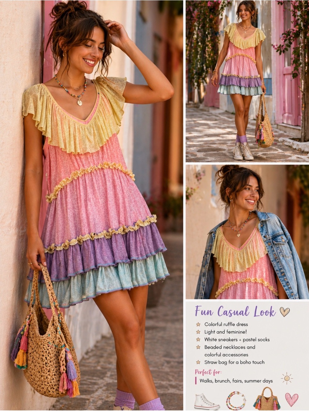 Pitusa Pastel Tiered Ruffle Mini Dress in Yellow, Pink, Purple, Blue